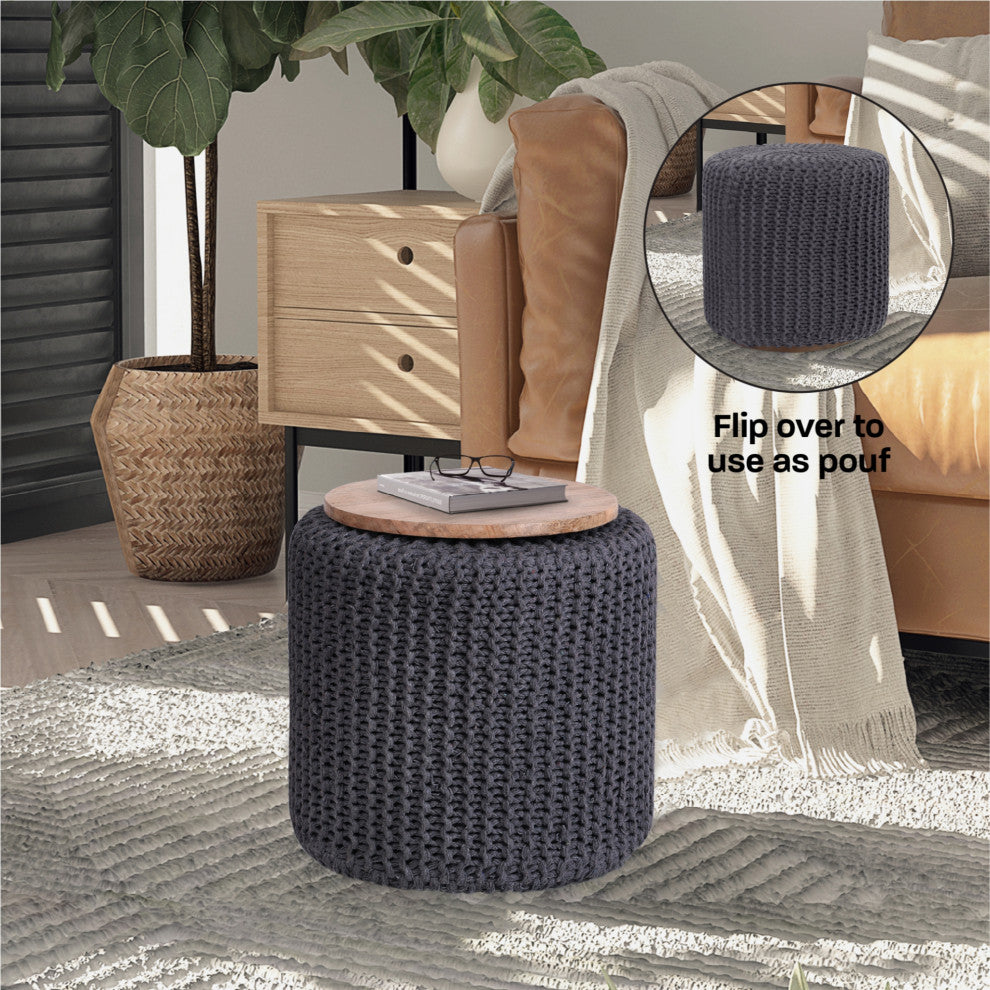 Loft Lyfe Marbella Ottoman, Hand Knitted, Wooden Tray, Cotton Yarn, Dark Gray