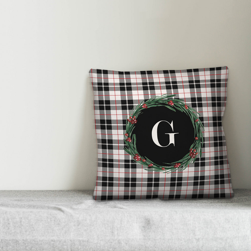 Black Plaid Monogram Wreath G 18x18 Spun Poly Pillow