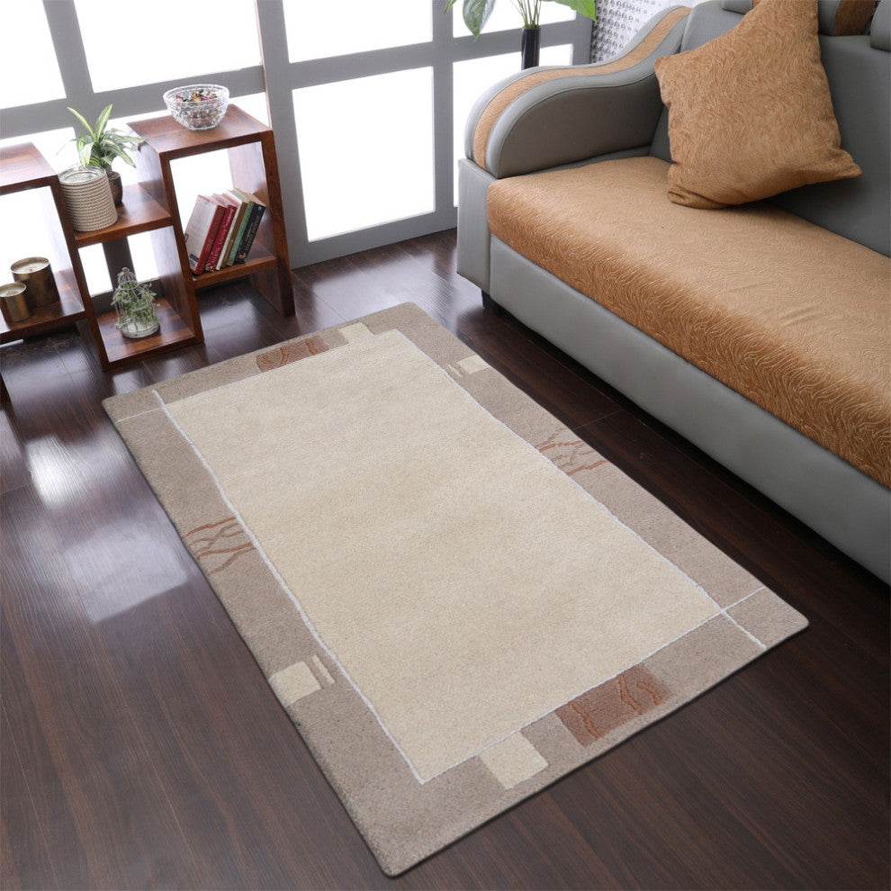 Hand Knotted Tibbati Wool Area Rug Contemporary Beige