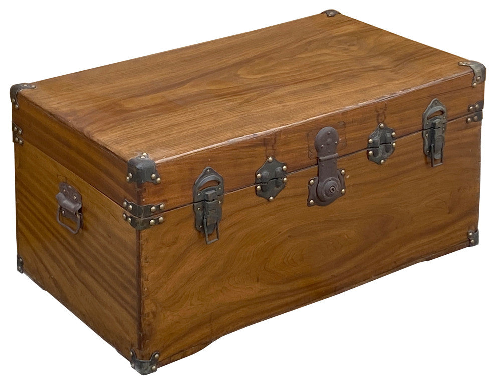 Vintage Oriental Chinese Brown Wood Iron Hardware Trunk Table Hcs7435