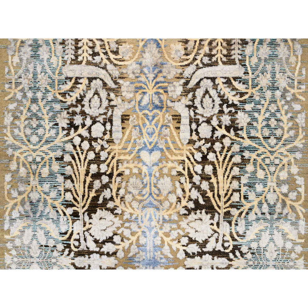 Honey Brown, Silk With Textured Wool, Hand Knotted, Runner, Rug, 4'0" x 12'0"