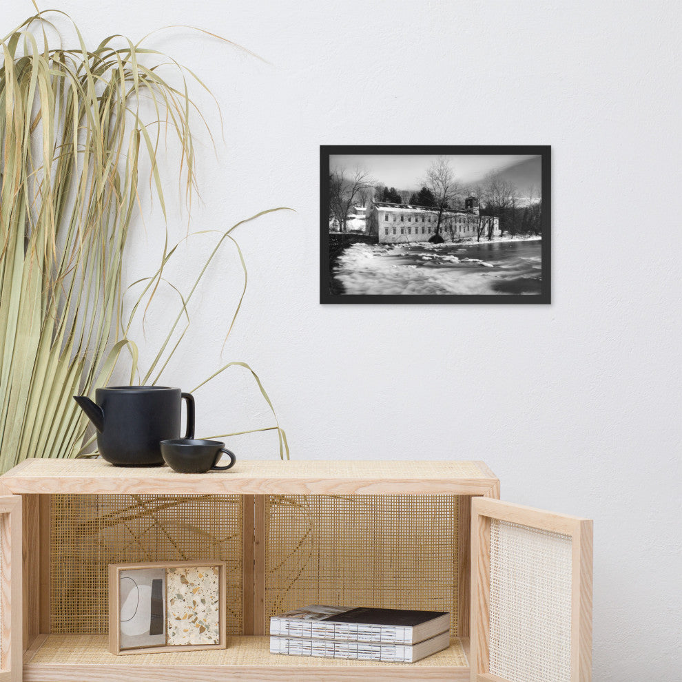 Winter at Powder Mill Rural Landscape Framed Photo Paper Wall Art Prints, Black, 12" X 18"