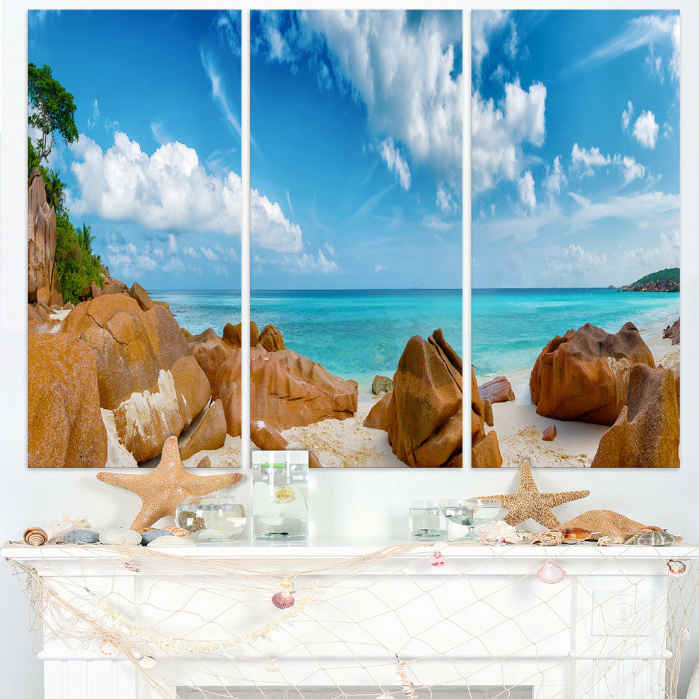 "Rocky Seychelles Island Panorama" Metal Wall Art, 3 Panels, 36"x28"