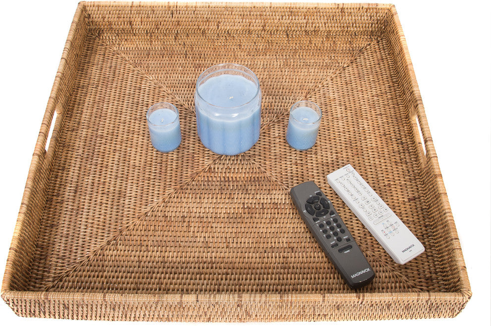 Artifacts Rattan™ Square Ottoman Tray with Cutout Handles, Honey Brown, 24"x24"