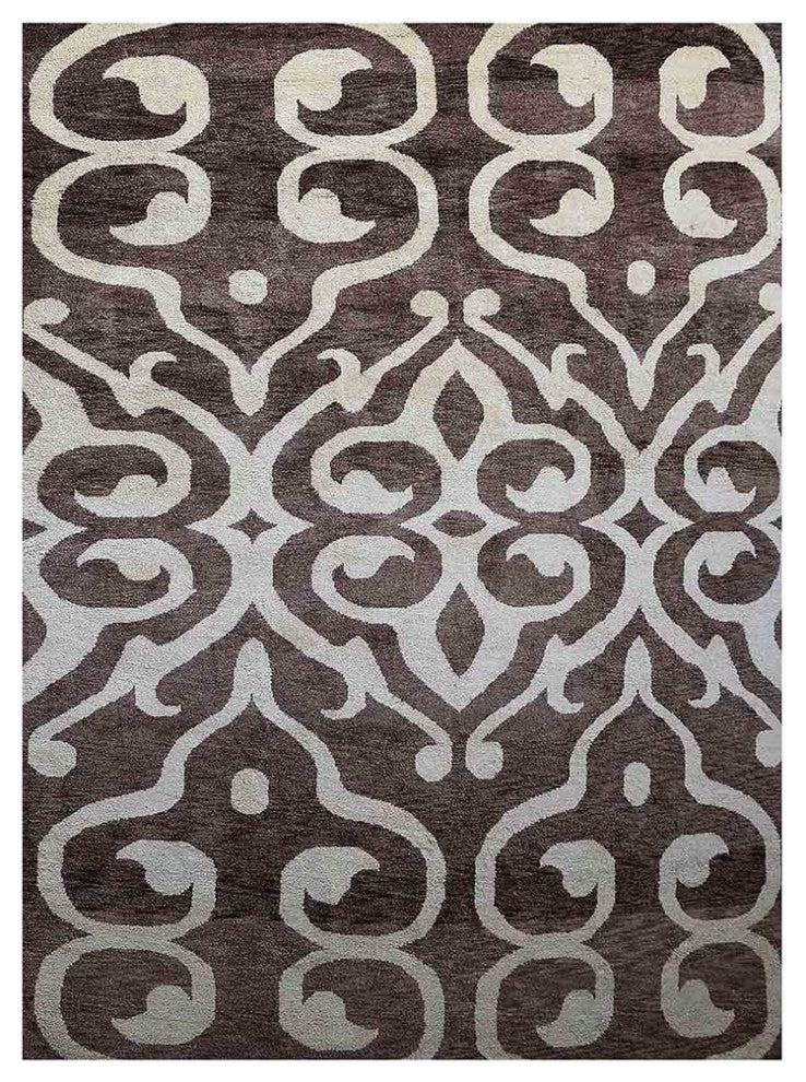 Hand Knotted Silk Area Rug Contemporary Brown Beige