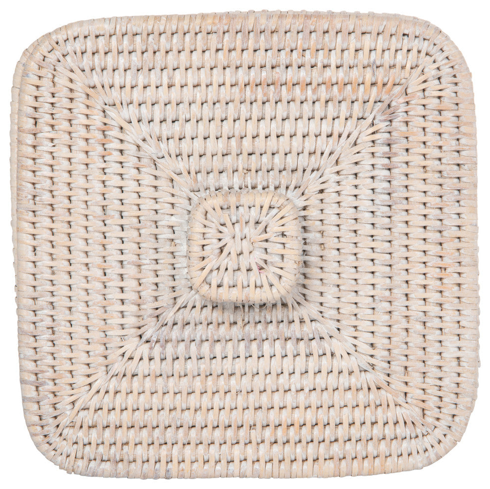 Rattan Square Waste Basket, Lid, Plastic Insert, White-Wash