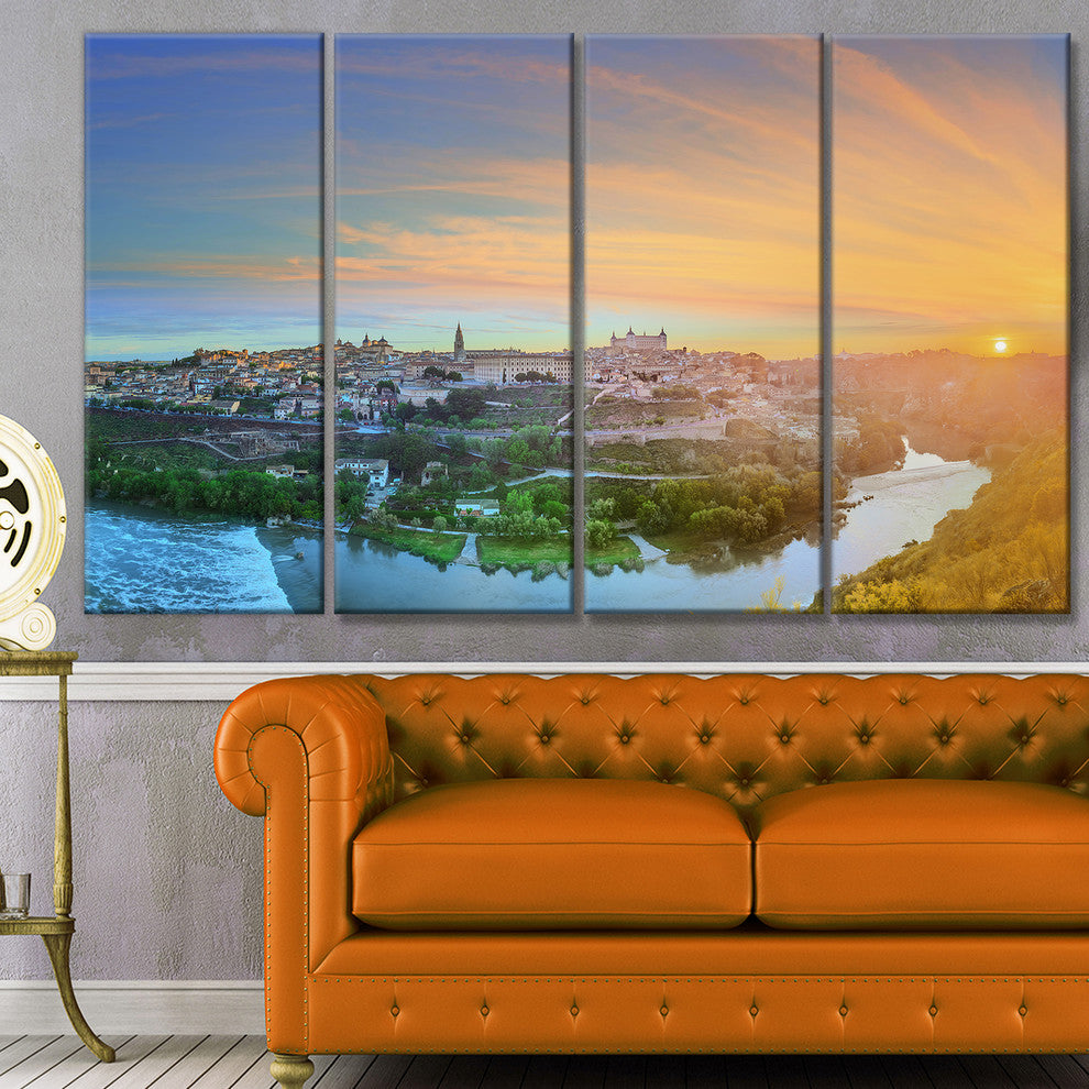 Hill over the Tagus River Spain, Landscape Canvas Art Print, 48"x28", 4 Panels