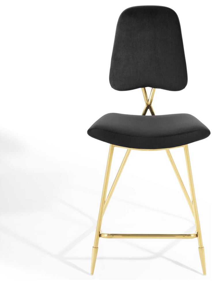 Counter Stool Chair, Set of 2, Velvet, Metal, Black, Modern, Bar Pub Cafe Bistro