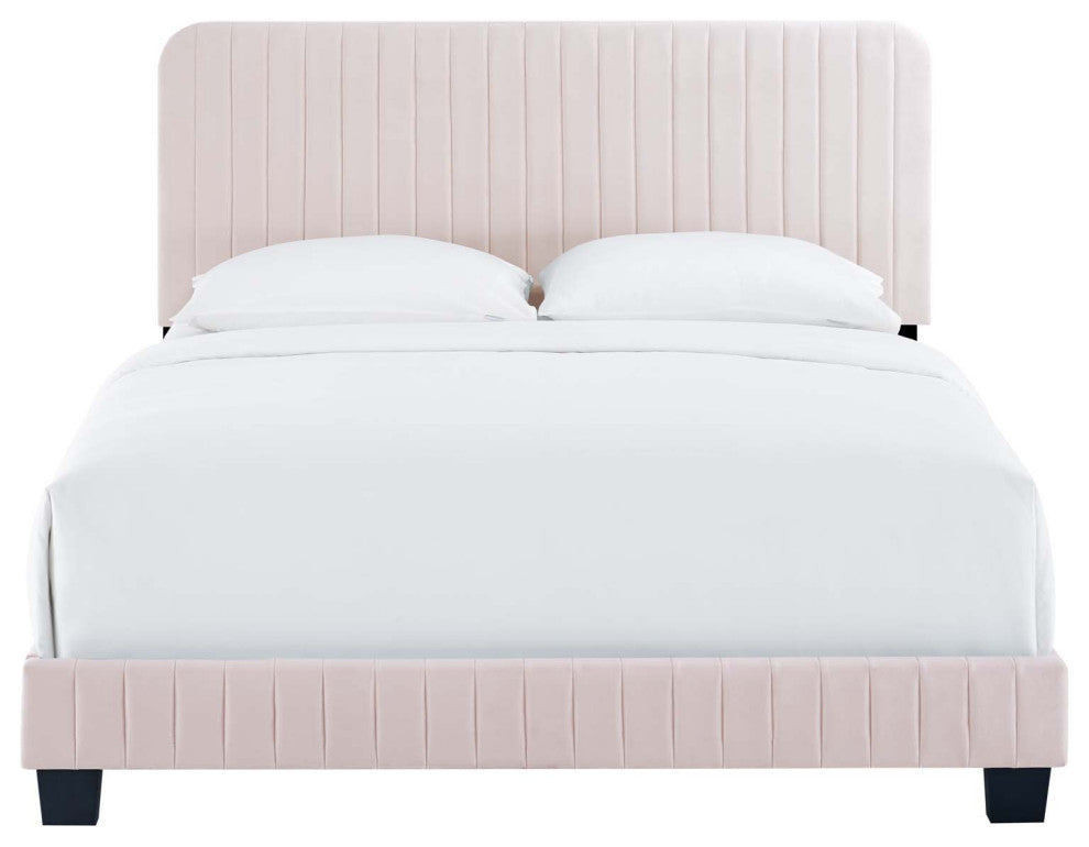 Tufted Platform Bed Frame, Full Size, Velvet, Pink, Modern Contemporary, Bedroom