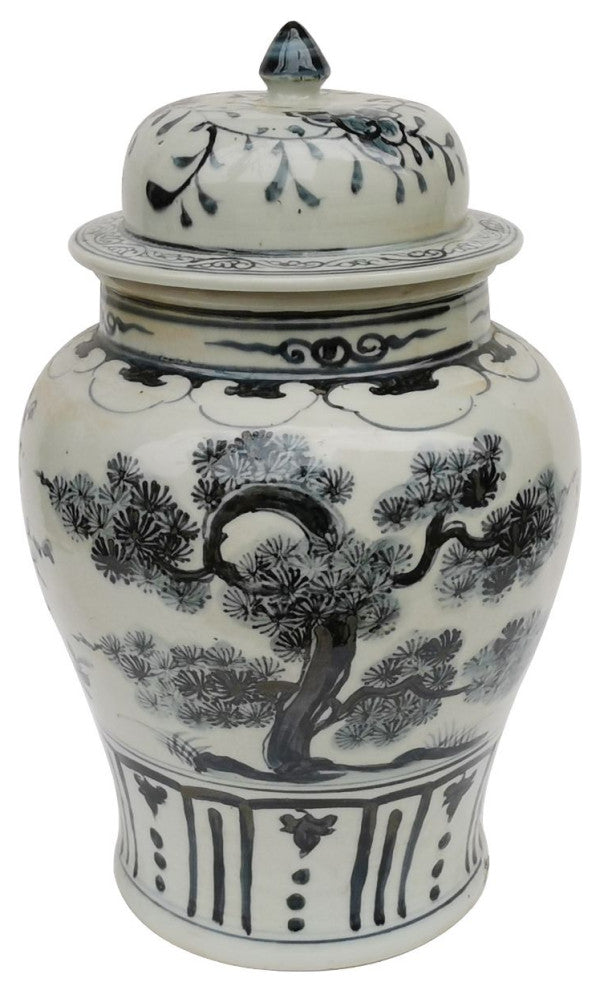 Indigo Porcelain Temple Jar Plants Motif Small