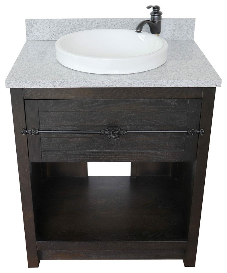 30" Single Vanity, Brown Ash, Gray Granite Top, Round Sink