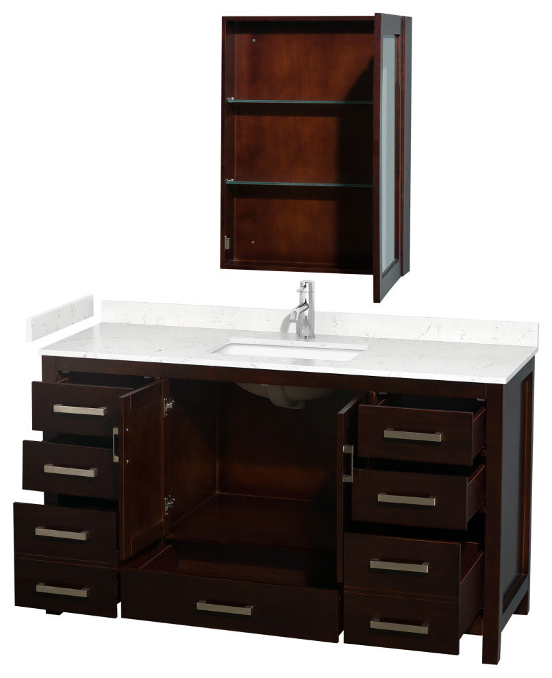 60"SGL Vanity Espresso, Carrara Cult. Marble Countertop, Sink, Med. Cabinet