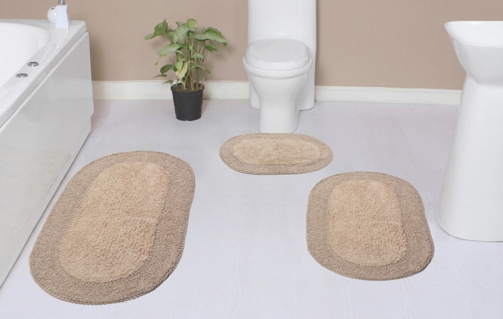 Double Ruffle Collection Bath Rugs Set, 3-Piece Set With Runner, Linen