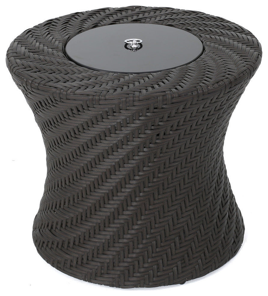 GDF Studio Belen Outdoor Brown Wicker Accent Table With Ice Bucket