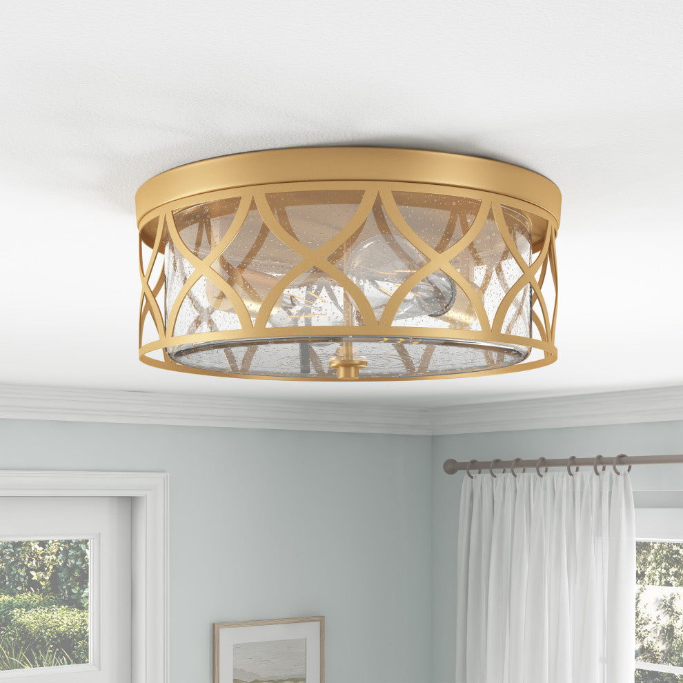 Modern Gold 2-Light Flush Mount Ceiling Light with Seeded Glass