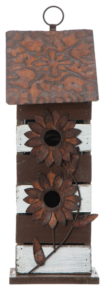 14.5"H Brown/White Two-Tiered Distressed Solid Wood Birdhouse