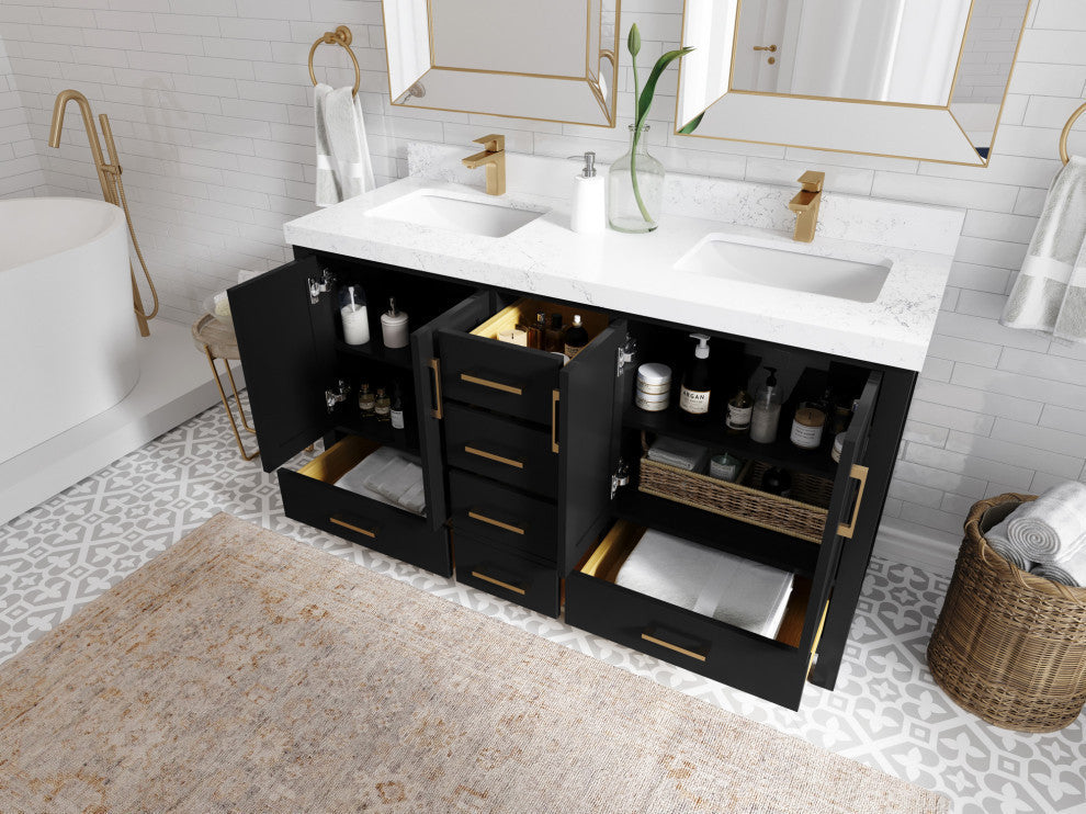 Malibu 60 Double Sink Bathroom Vanity in Black 2" Calacatta Black