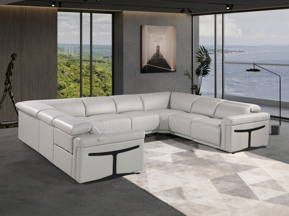 GIOVANNI 8-Piece, 4-Power Reclining Italian Leather Sectional, Light Gray