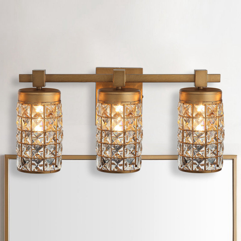 Modern 20 in. 3-Light Gold Wall Sconce Vanity Light with Crystal Cylinder Shade