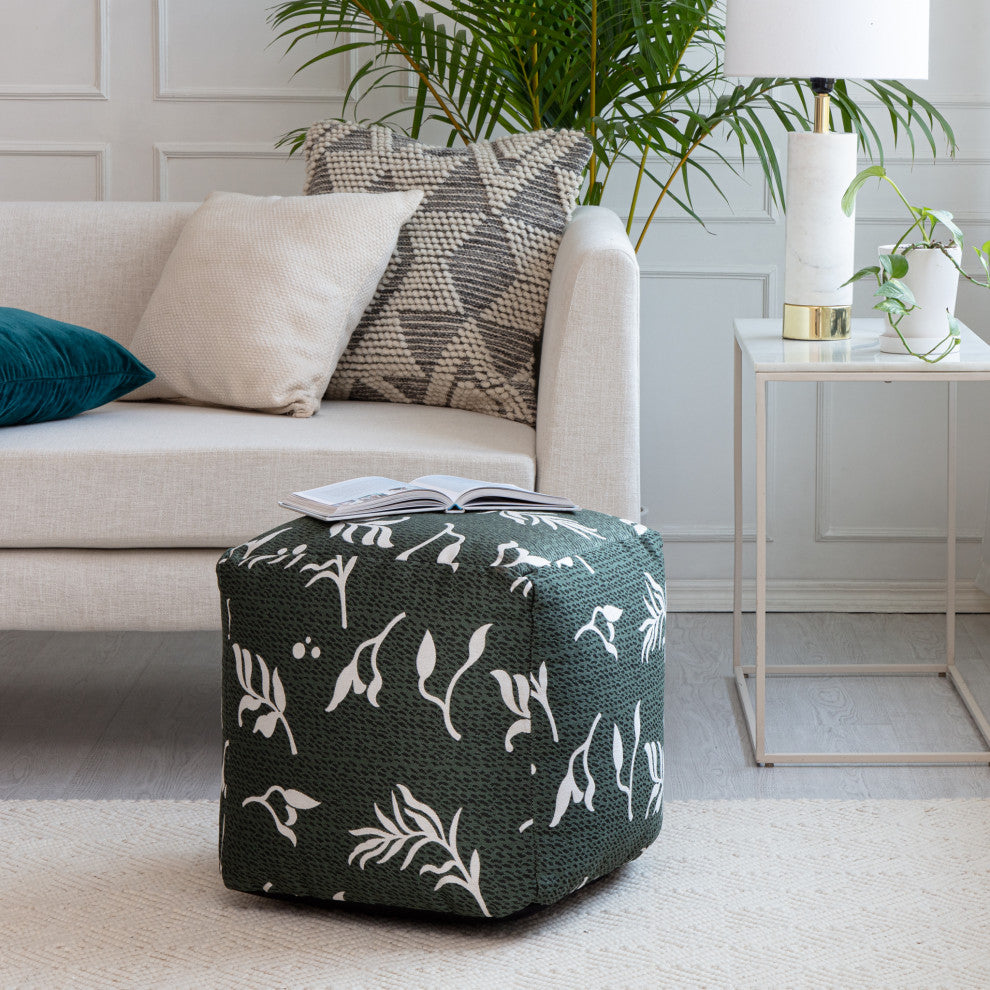 Frangipani Green 18" x 18" x 18" Green and Ivory Pouf
