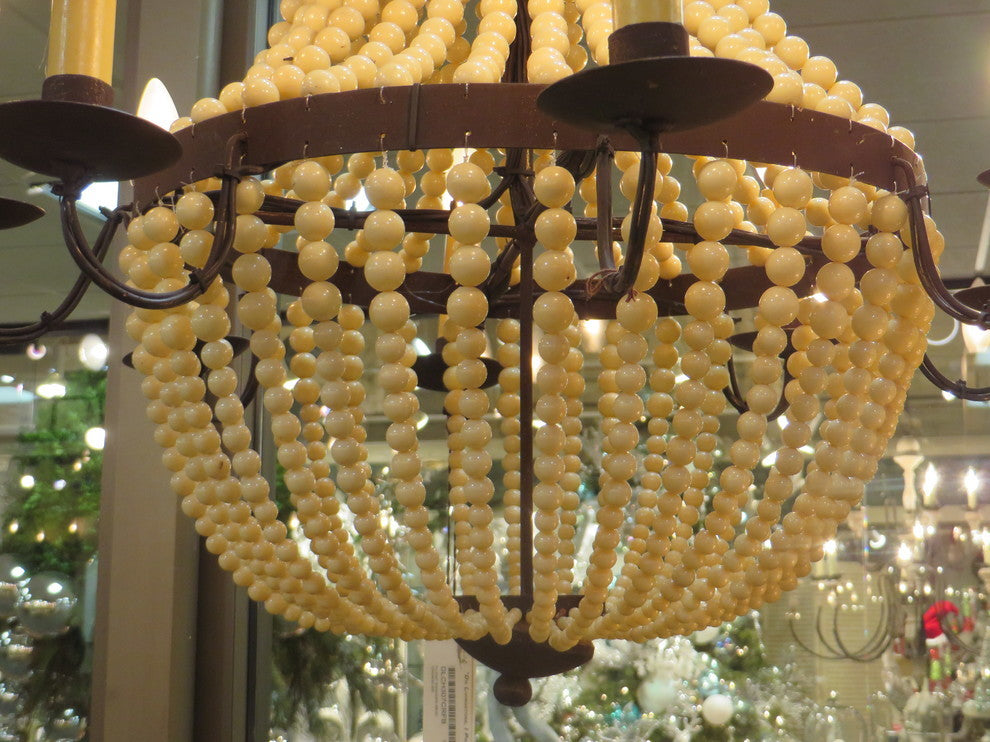 Romantic Iron Cream Beaded Candle Chandelier, Victorian 6-Light Baroque