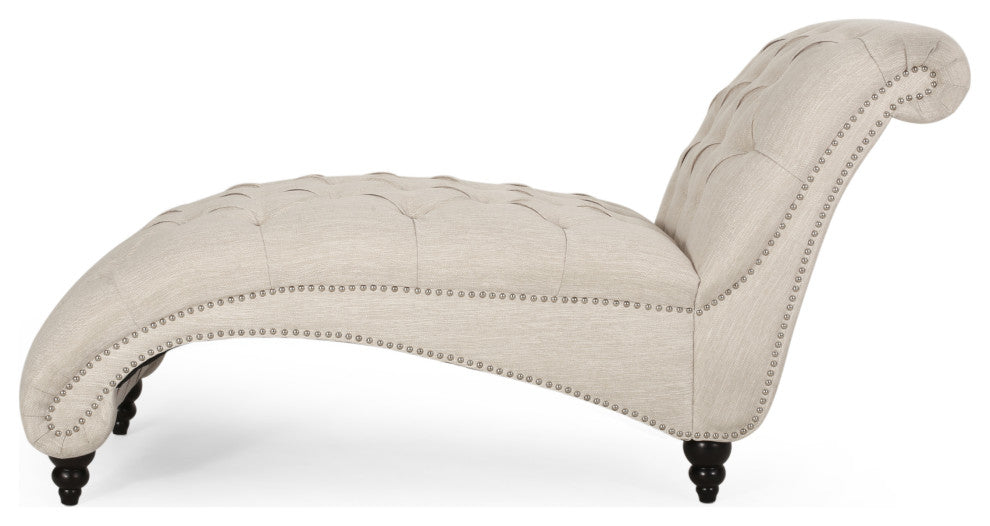 Meigs Varnell Contemporary Button Tufted Chaise Lounge, Beige + Walnut