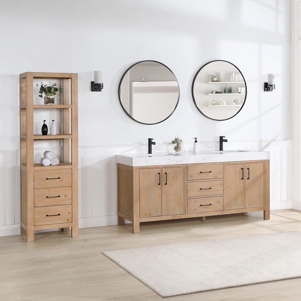Leon Bath Vanity With Composite Stone Top, Fir Wood Brown, 72", With Mirror