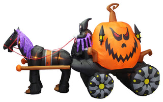 11.5' Long Halloween Inflatable Carriage With Ghost Skeleton and Pumpkin