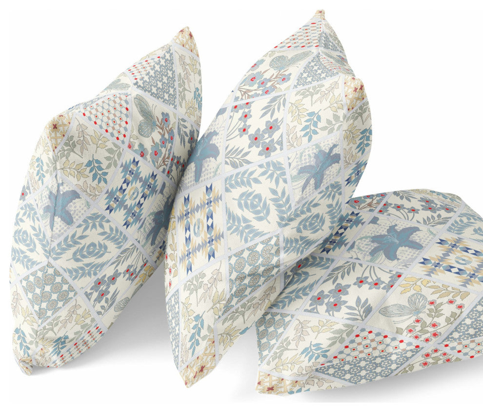 20 White Blue Patch Indoor Outdoor Throw Pillow