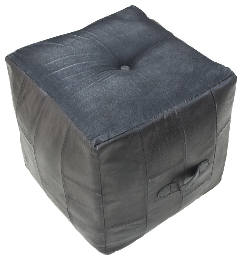 Geometric Handmade Leather Pouf (Recycled Foam with Fibre Fill) Black, [Square}16x16x16