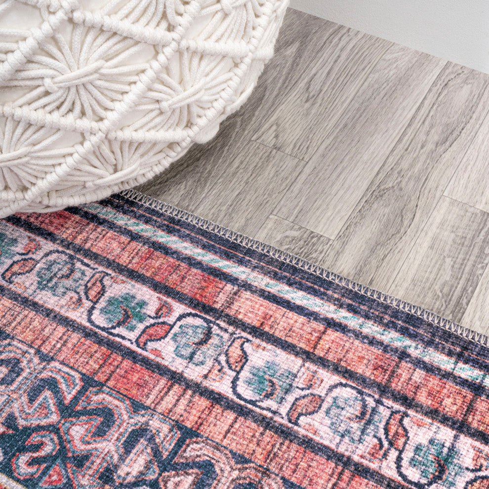 Dalyan Geometric Medallions Machine Washable Indoor Area Rug, Terra/Navy, 4 X 6