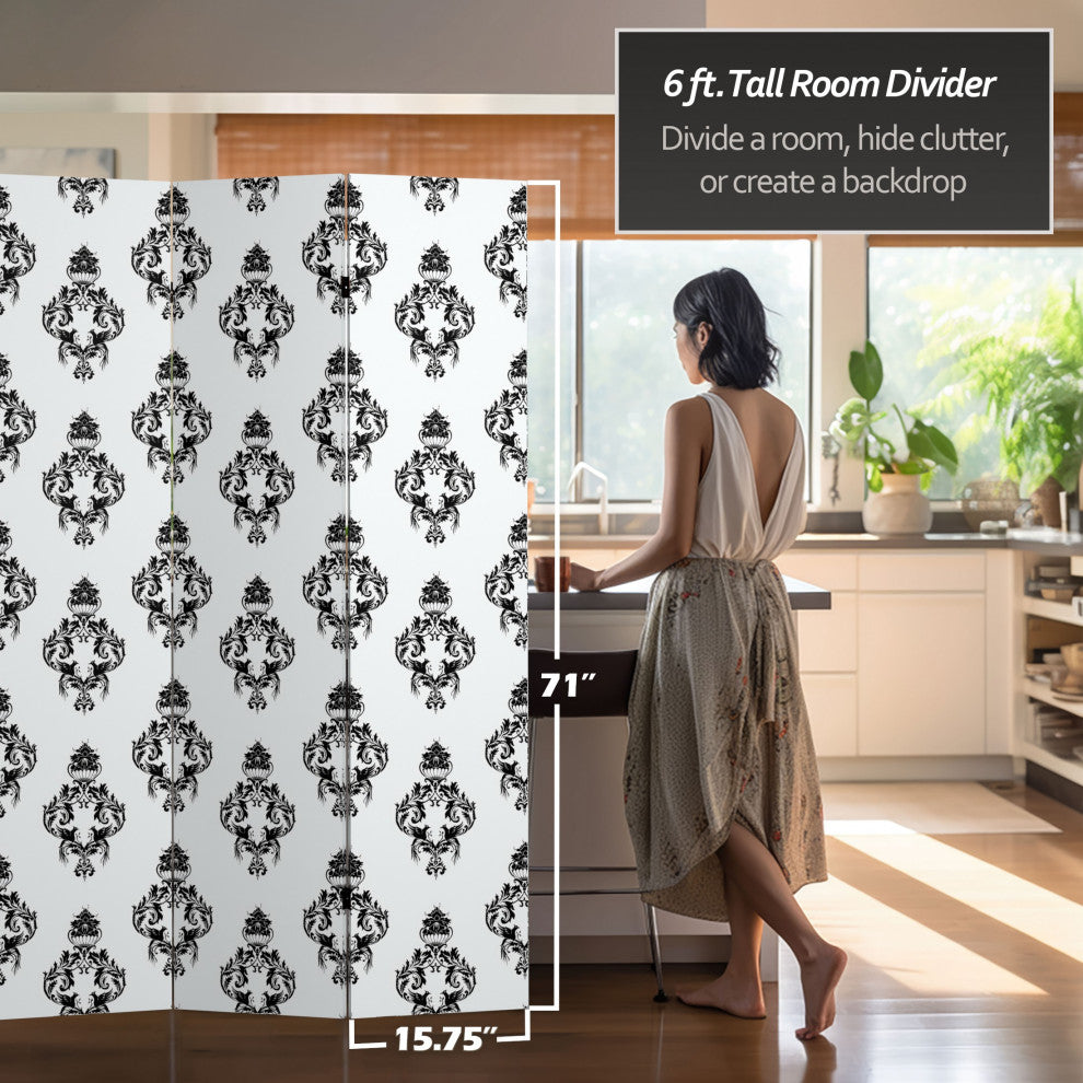 6' Tall Double Sided Black and White Damask Canvas Room Divider