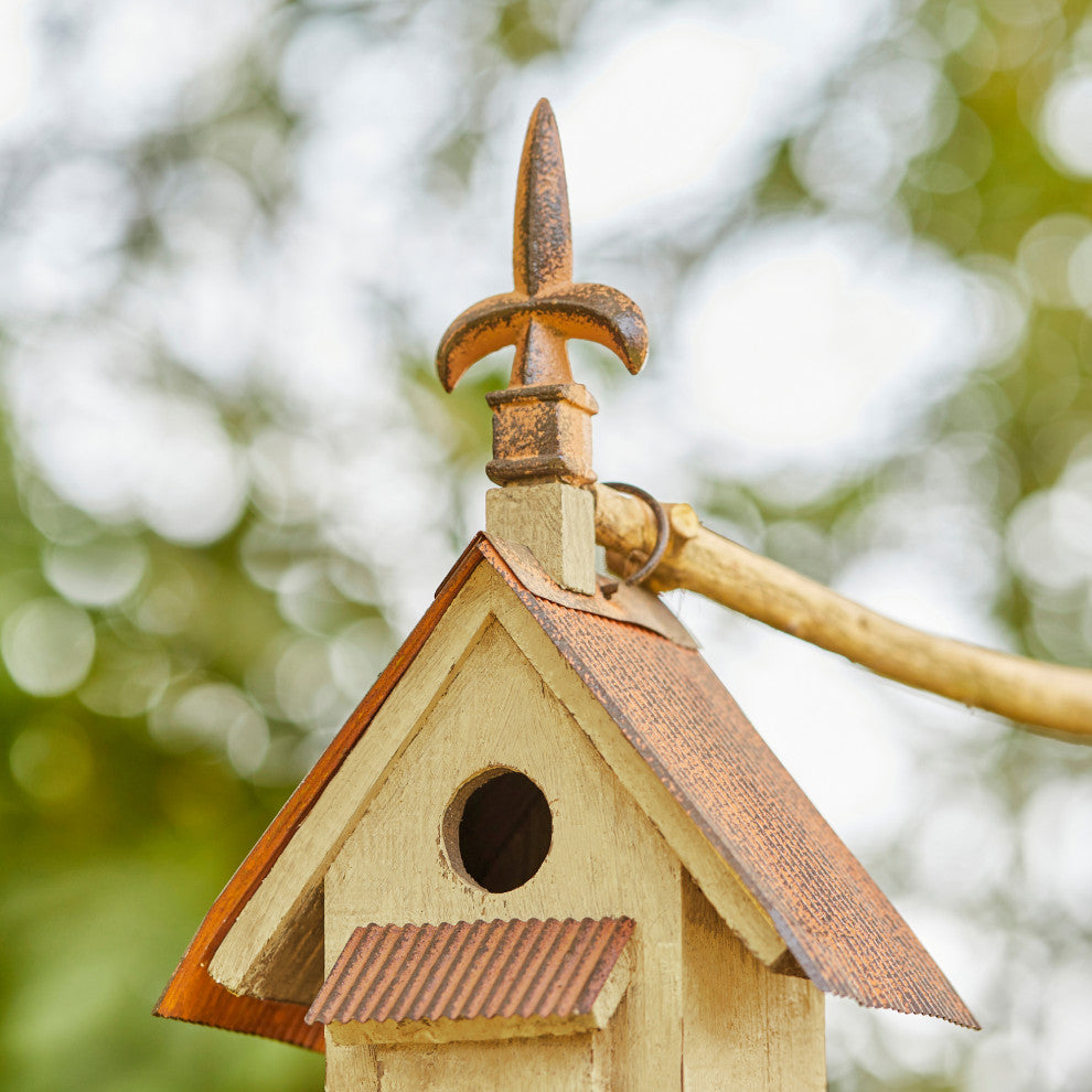 Rustic Garden Wooden Birdhouse, Metal Spear