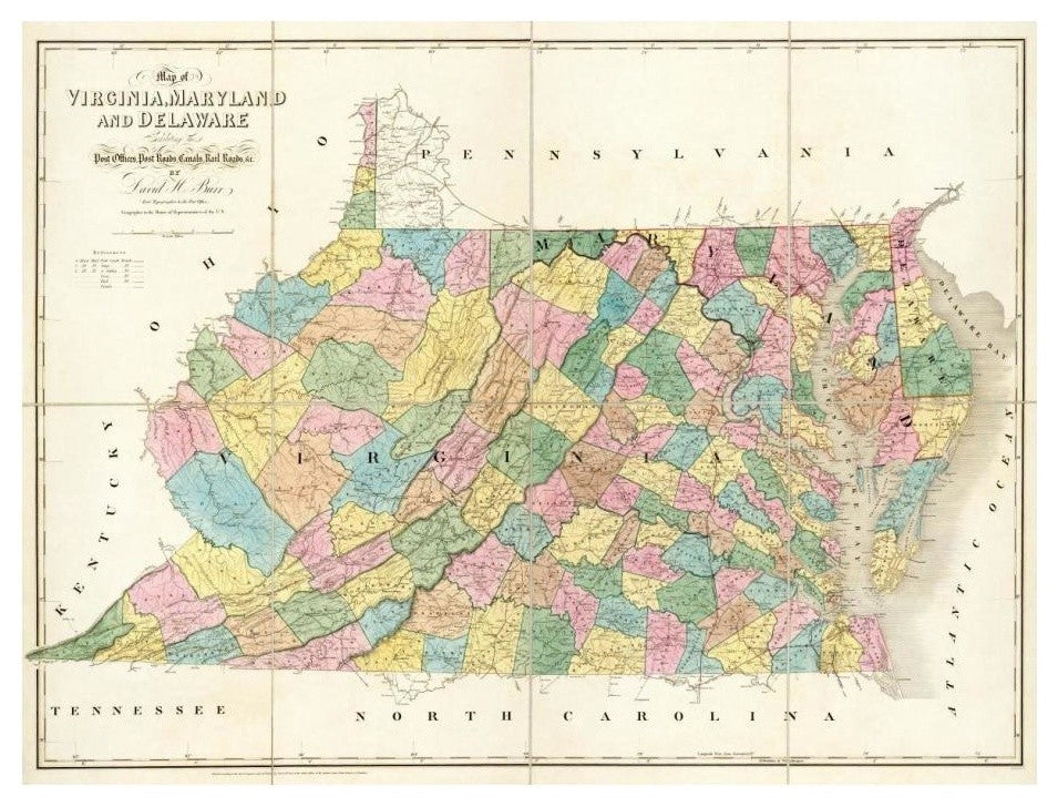 "Map of Virginia, Maryland and Delaware, 1839" Print by David H. Burr, 24"x19"