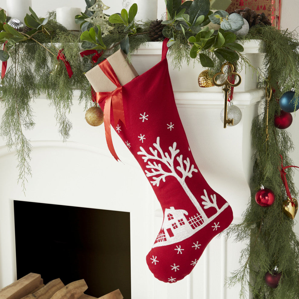 Handmade Red Snowy Village Scene Christmas Stocking with White Embroidery