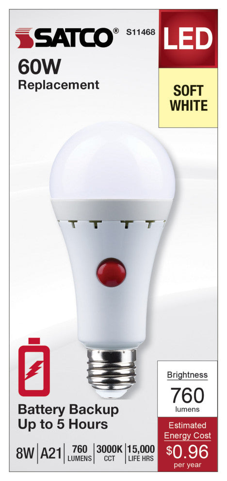 8W A21 LED, 3000K, Medium Base, 120V, 80 CRI, Battery Backup