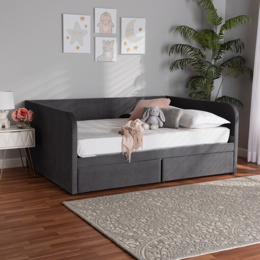 Basanti Grey Velvet Fabric Upholstered Full Size 2-Drawer Daybed