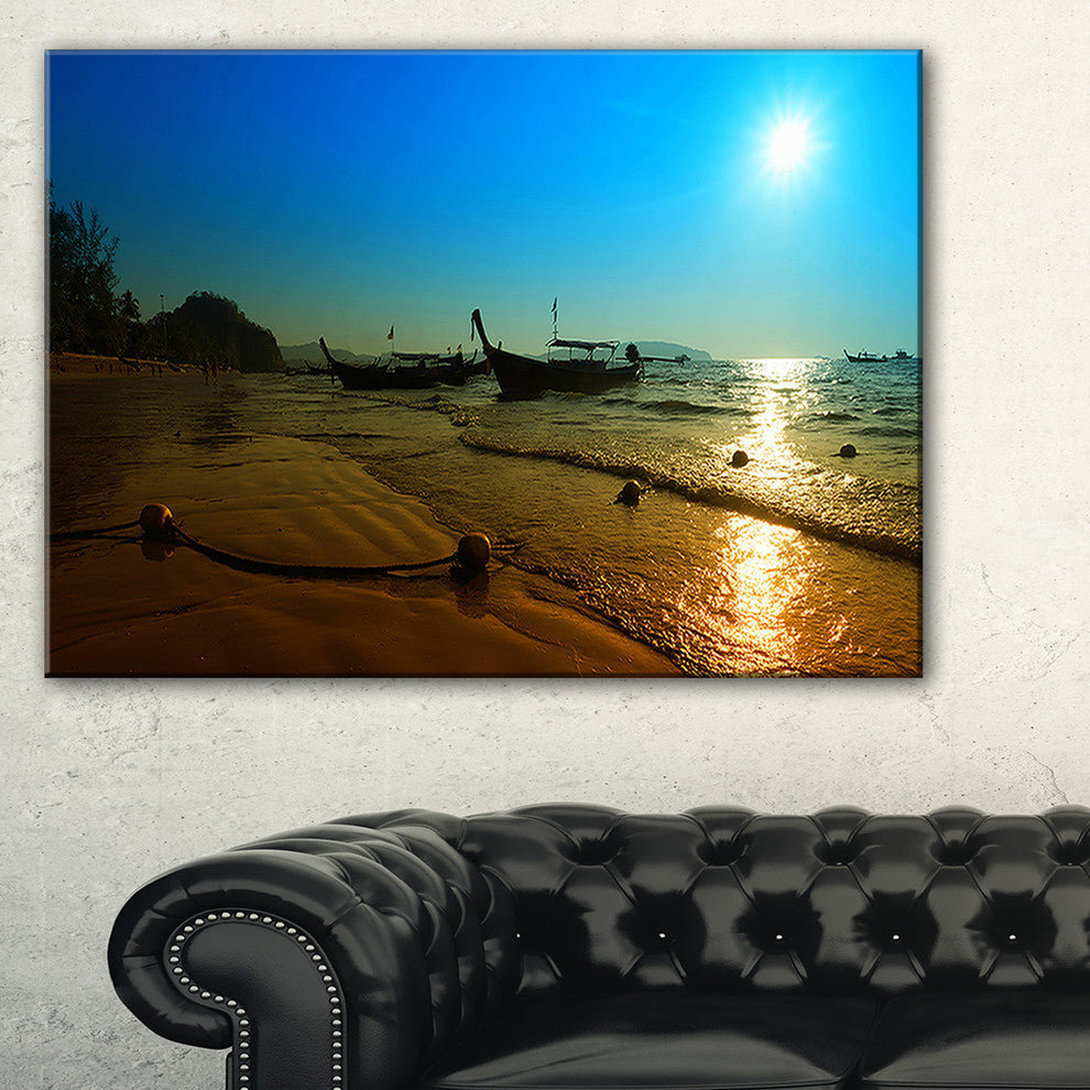 "Sunset With Boats in Andaman Sea" Modern Seascape Canvas Artwork, 40"x20"