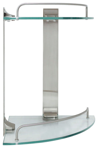 MODONA's 9.5" Double Glass Corner Shelf With Rail, Satin Nickel