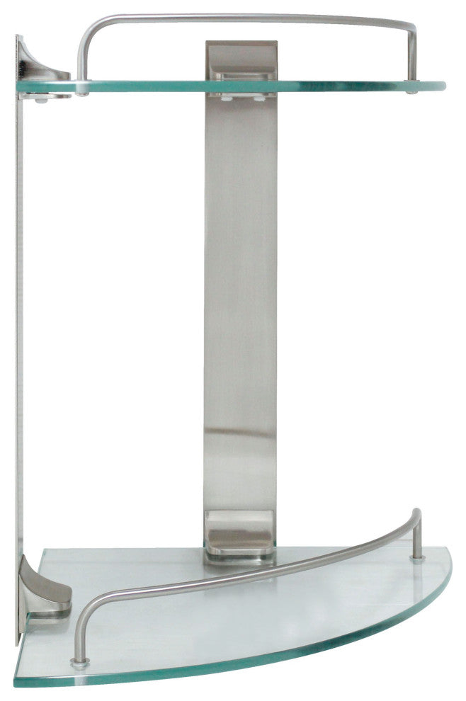MODONA's 9.5" Double Glass Corner Shelf With Rail, Satin Nickel