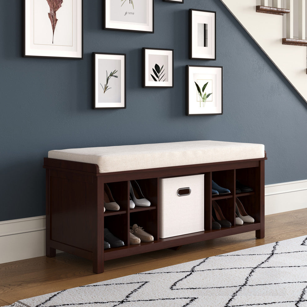 Solid Wood Entry Bench with 1 Bin and 2 Shoe Dividers, Espresso