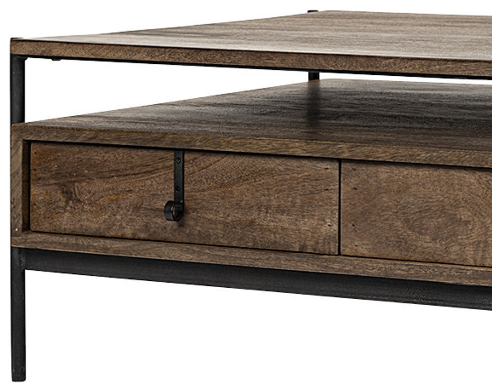 Rectangular Solid Wood and Black Metal Coffee Table W 3 Drawers