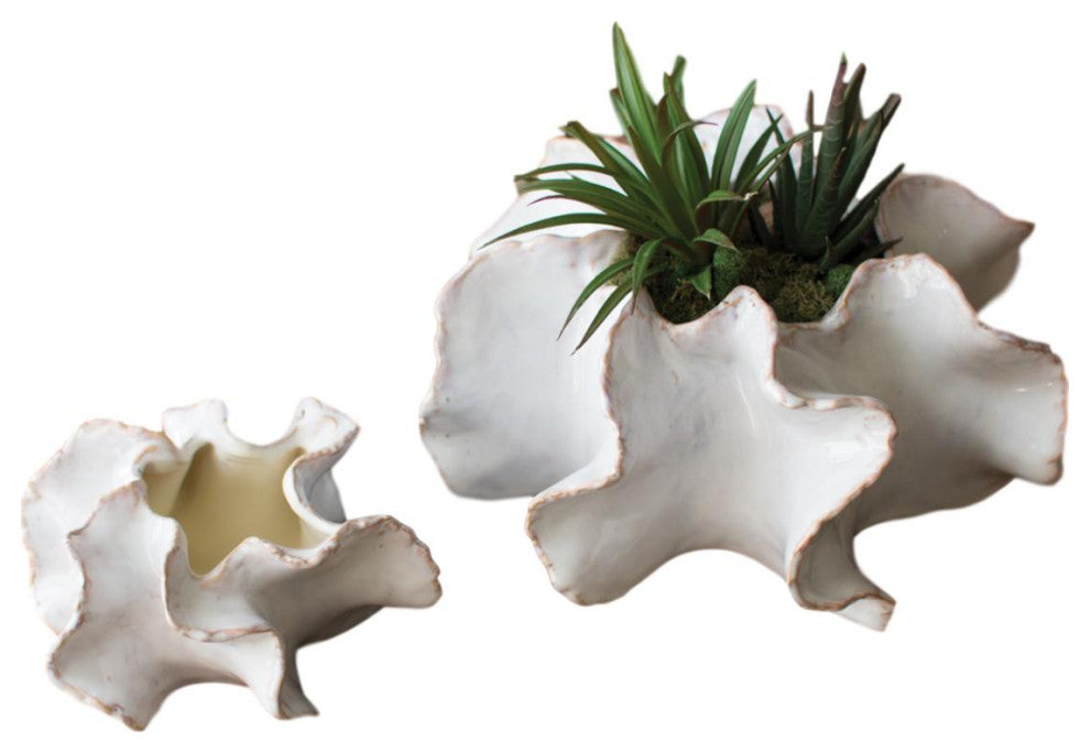 Wavy Shaped Organic White Ceramic Succulent Planters, 2-Piece Set