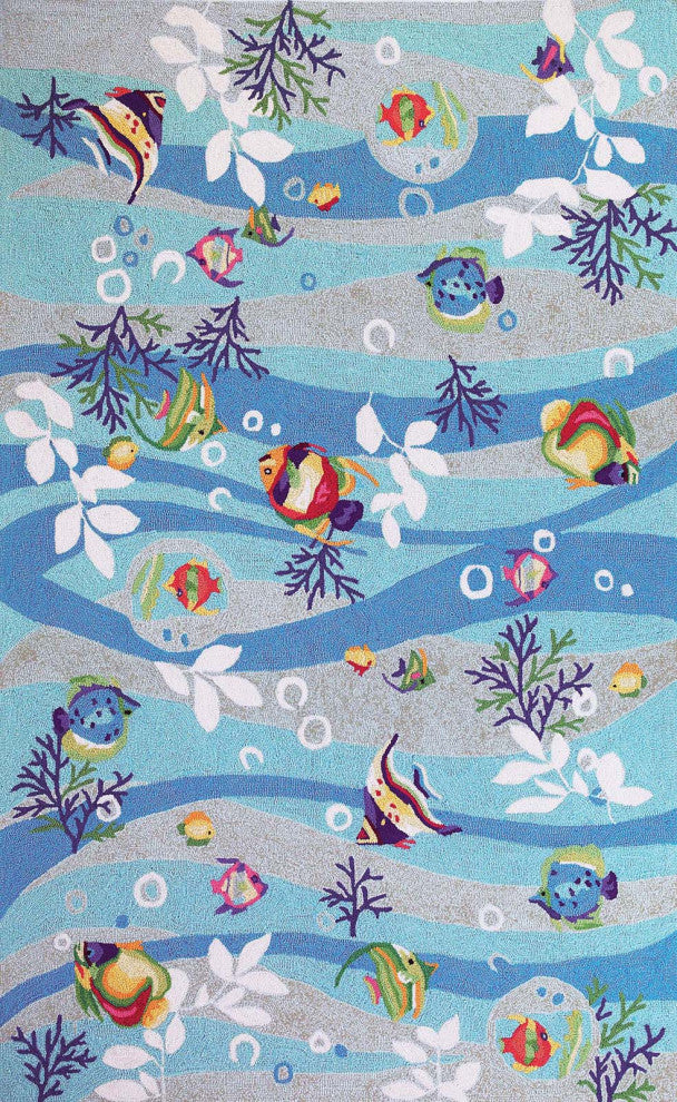HomeRoots 8'x10' Blue Hand Hooked Coastal Sea Life Indoor Area Rug