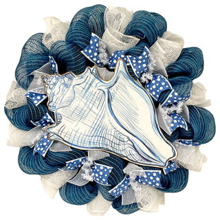 Beach Wreath Blue And White Burlap Coastal Sea Shell Handmade Deco Mesh
