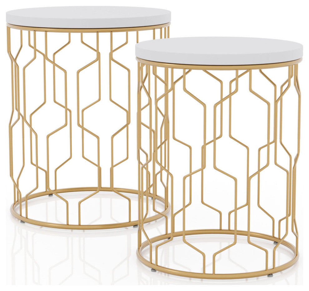 Set of 2 Nesting Nightstand, Geometric Metal Base With Round Top, Golg Coating