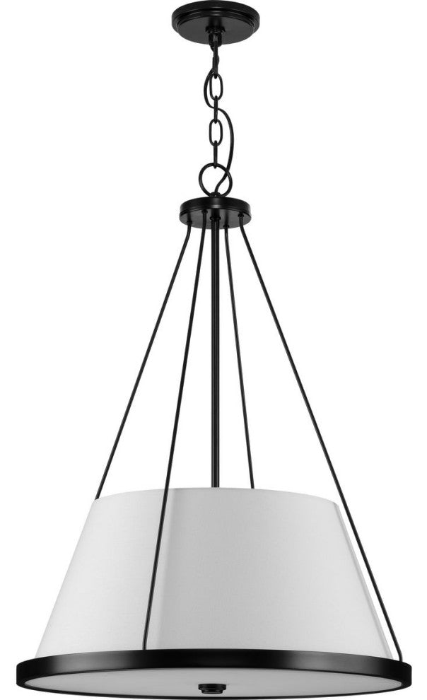 Saffert Collection Three-Light Matte Black White Linen Glass Pendant Light