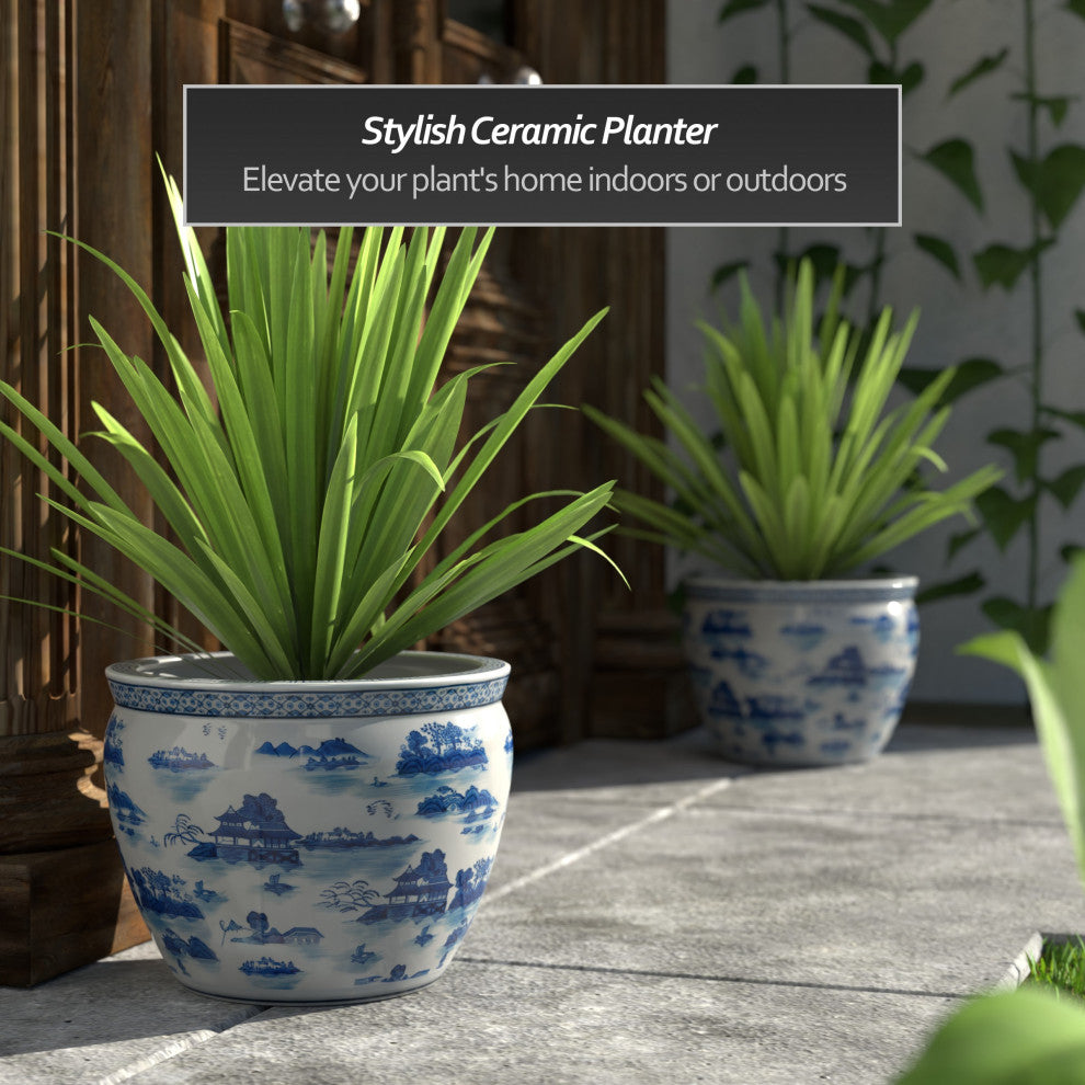 14" Landscape Blue and White Porcelain Fishbowl