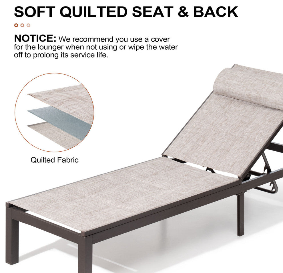 Outdoor Recliner Adjustable Quilted Chaise Lounge Chair and Table Set, Beige