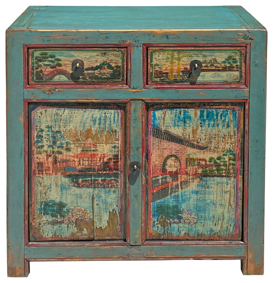 Chinese Distressed Turquoise Blue Old Graphic Credenza Cabinet Hcs7312